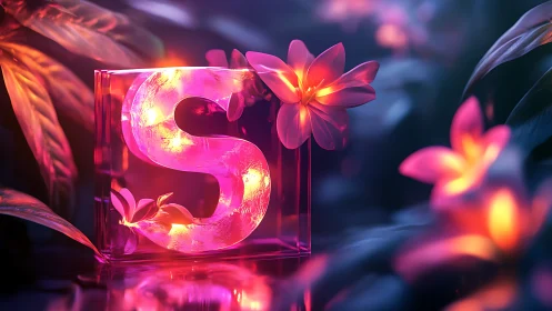 Neon letter S blooms softly inside a glowing jungle cube