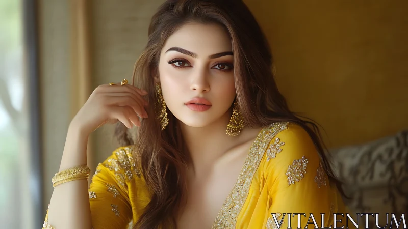 Woman in embellished yellow dress with calm direct gaze.