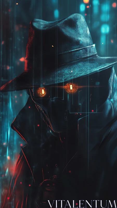 Cybernetic detective silhouette stalks neon-drenched alley.