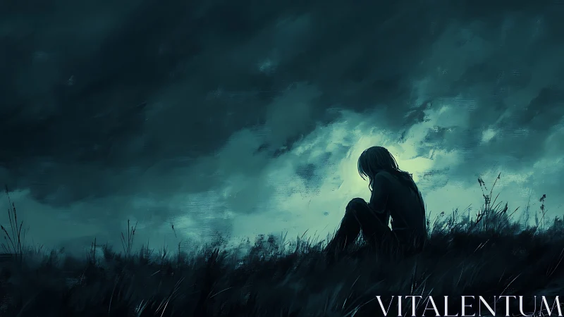 Solitary figure on windswept hill under stormy sky.