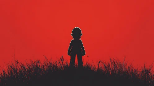 Backlit child silhouette stands against flat red horizon