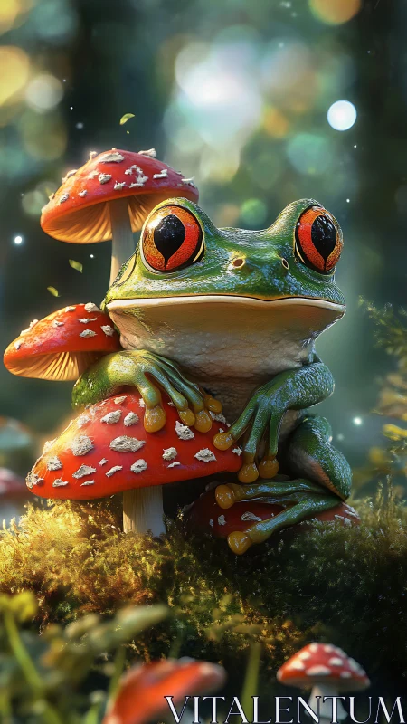 Radiant tree frog poised on glowing woodland toadstools.