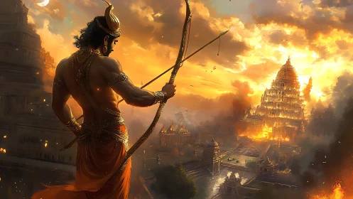 Armored archer observing burning temple city at sunset.