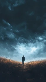 Lone wanderer walking toward a glowing break in stormy sky.