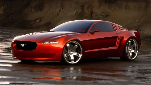 Molten red mustang prototype lounges on rain-polished clay