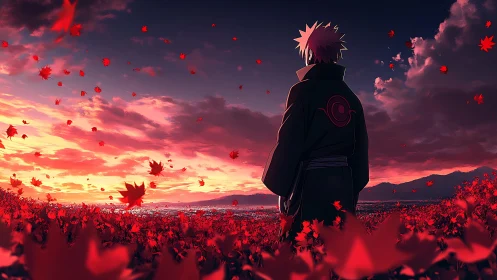 Solitary ninja watches crimson leaves drift at sunset