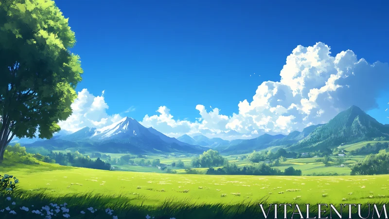 Sunlit valley meadow resting beneath bright summer mountains.