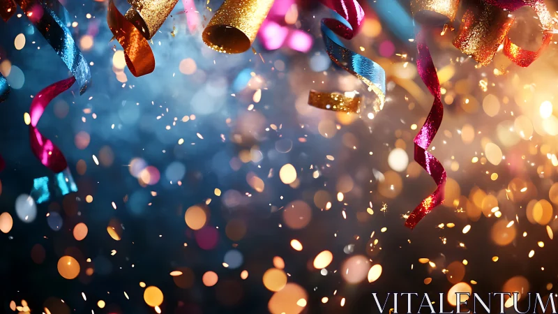 Glittering confetti storm dances through festive midnight air.