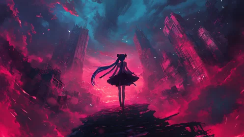 Lone anime silhouette amid neon-ruined megacity skyline.