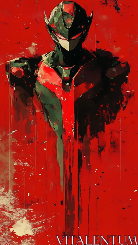 Crimson warborn sentinel dissolves into fierce abstract storm.