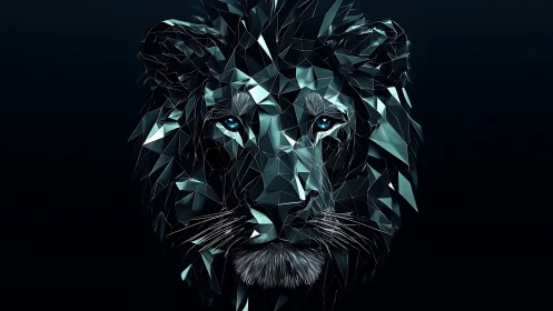 Midnight crystal lion with cool electric blue gaze.