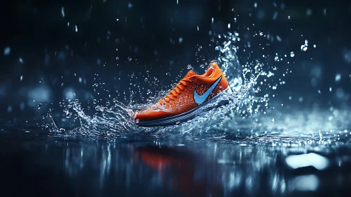 Bright orange running shoe dancing through rain splash.