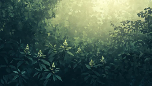 Illuminated forest understory with flowering plants beneath canopy.