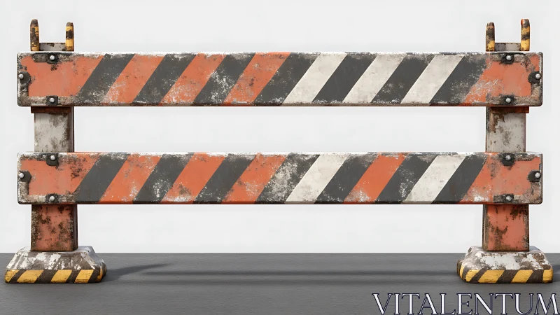 Rusty striped road barrier stands on dark asphalt