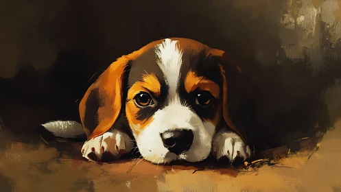 Sad beagle puppy lying down in warm painted light.