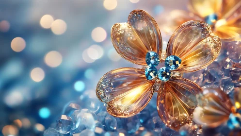 Gold crystal flower jewelry on blue gemstone surface.