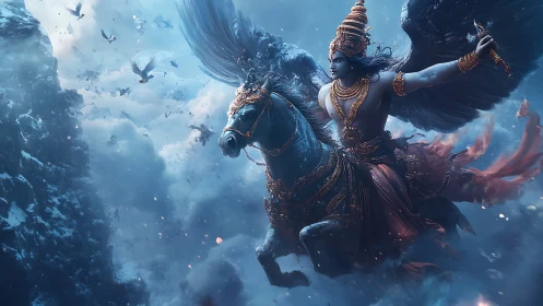 Mythic winged deity soaring through blizzard skies in armor.