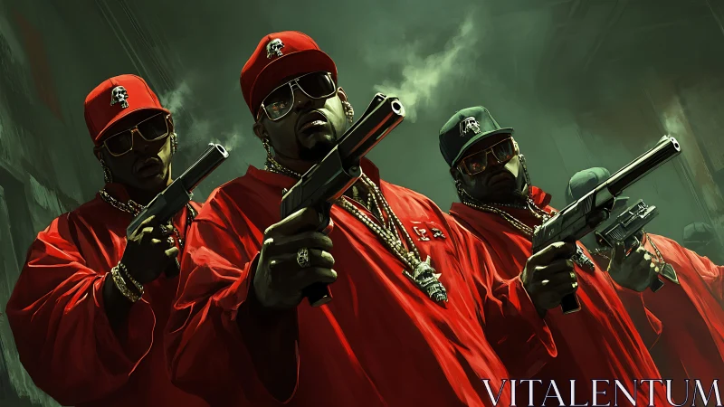 Gang crew in red coats holding pistols, urban alley scene.