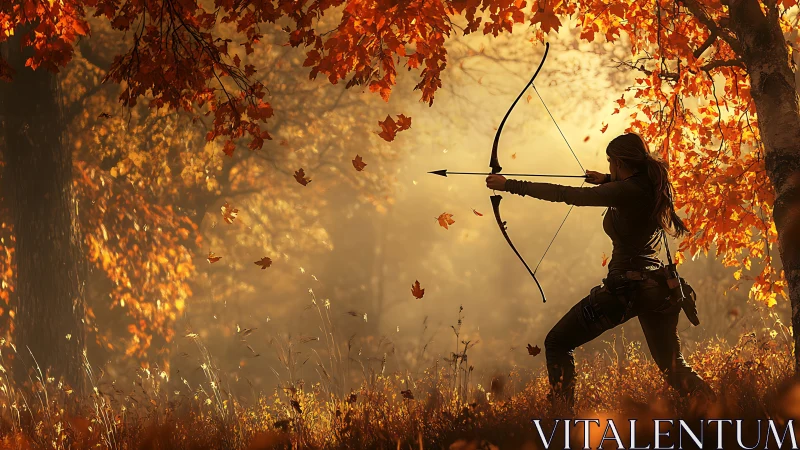 Autumn archer draws bow under glowing forest canopy.