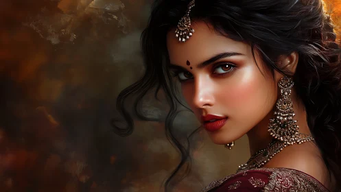 Ember glow gaze of a jeweled woman in rich autumn light.