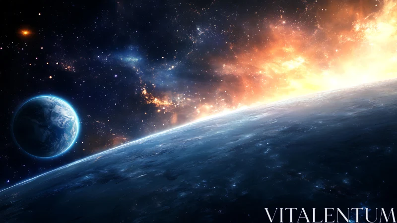 Gentle blue world drifting beneath a blazing cosmic sunrise.