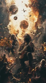 Cosmic rock band unleashes fiery sound in a swirling sky