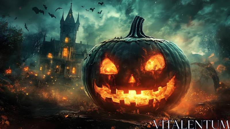 Digital painting of haunted Halloween jack-o’-lantern vista.