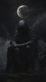 Hooded cloaked figure sits under bright moon in darkness