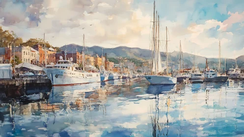 Harbor marina with reflected yachts in luminous watercolor atmosphere.