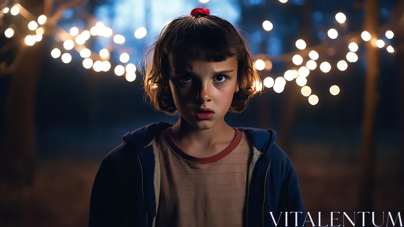 Haunted forest portrait of child under glowing string lights.