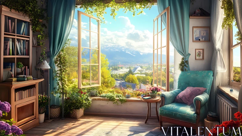 Sunlit reading nook opening onto a dreamy mountain view.