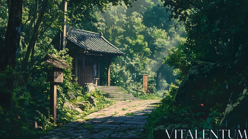 Forest path leads to wooden gate under dense foliage
