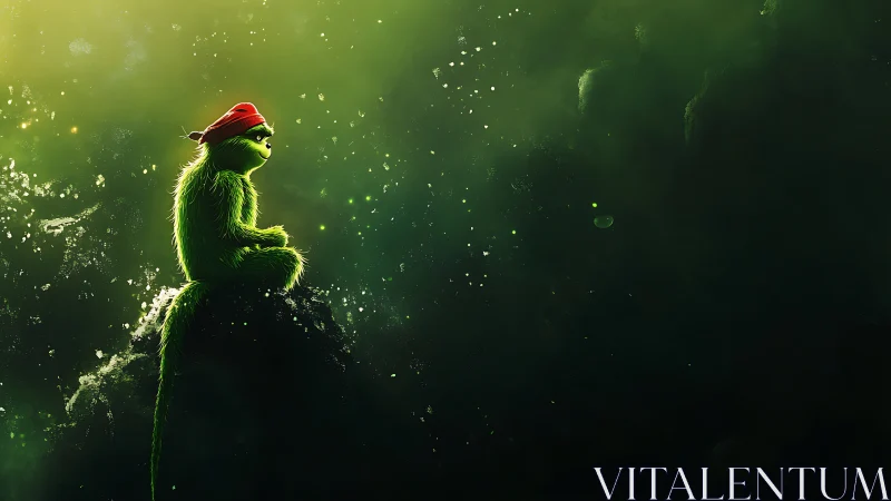 Fuzzy green dreamer in a red cap on a glowing rock.