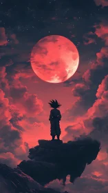Lone warrior watching a crimson moon over drifting clouds.
