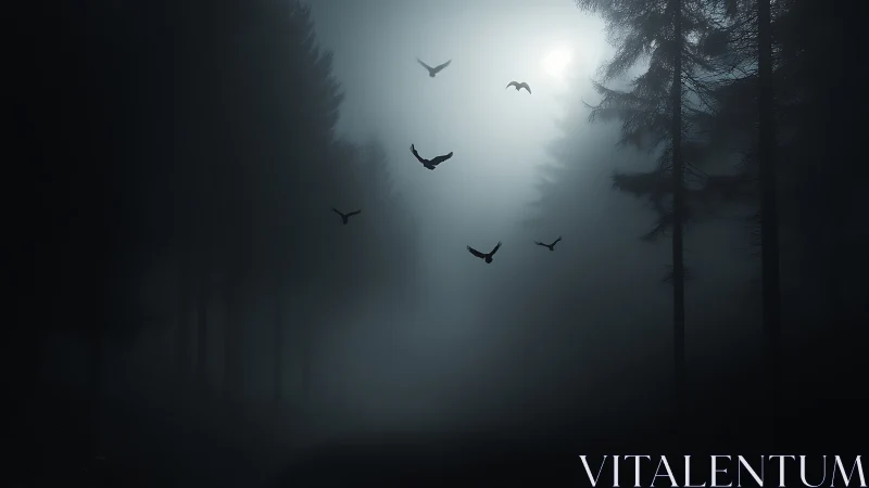 Nocturnal corvids traversing volumetric fog in conifer forest.