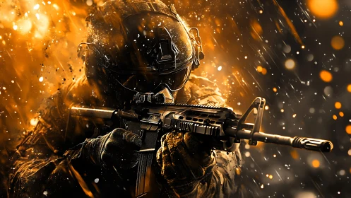 Armored assault trooper aims carbine amid dynamic particle blast