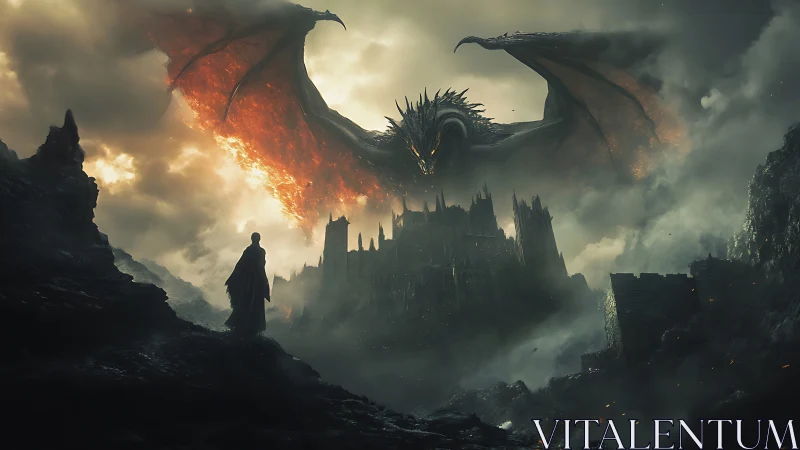 Silhouetted figure observing dragon above ruined fortress.