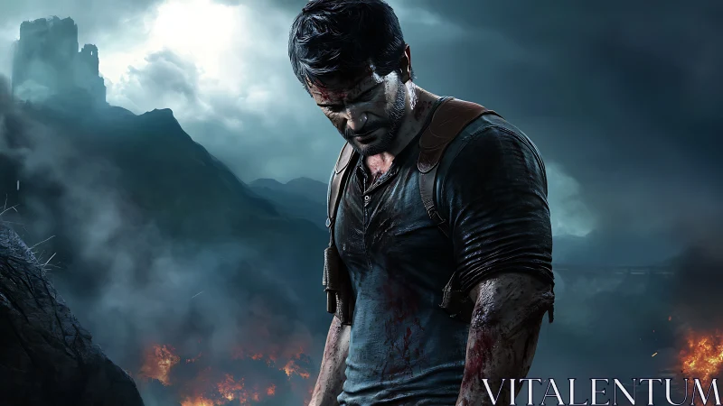 Battle-scarred adventurer studies ruins under storm clouds.