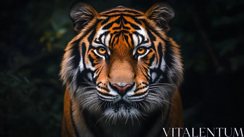 Symmetrical tiger portrait with high contrast fur and focused gaze