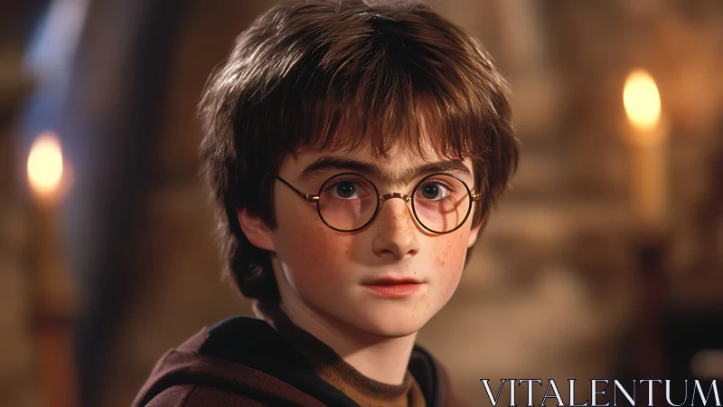 Young bespectacled wizard in candlelit stone chamber portrait.