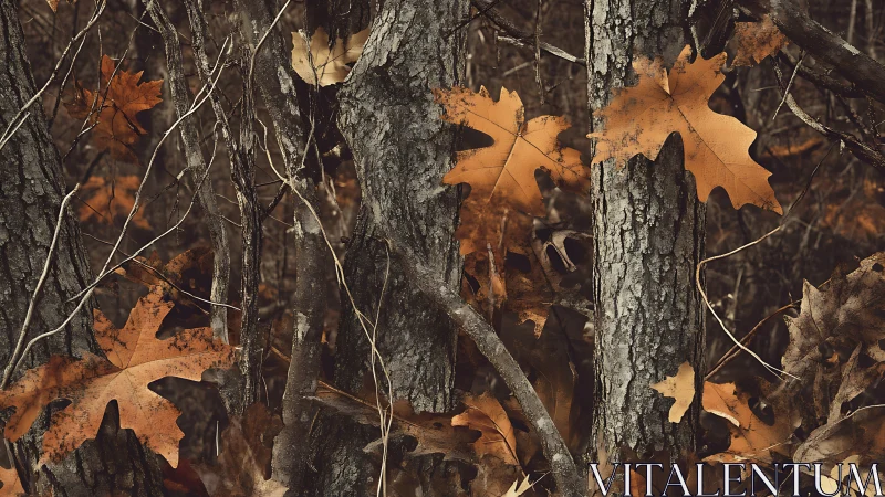 Dry oak leaves clinging to textured forest trunks in dusk.