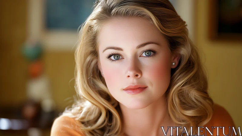 Soft-focus portrait of blonde woman in warm ambient lighting