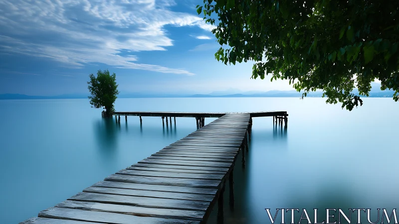 Long-exposure wooden pier over tranquil cyan lake at dawn