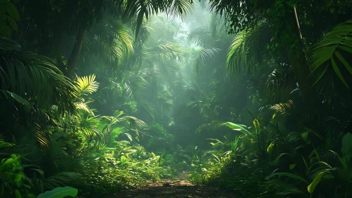Dense Tropical Jungle Path Lit by Filtered Sunlight.