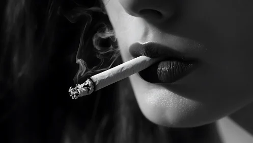 Monochrome macro profile isolates lit cigarette and textured lips