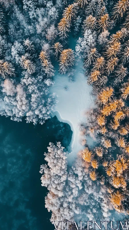 Winter forest shoreline glows beside deep teal water.