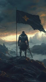 Armored warrior with banner overlooking misty mountain valley.