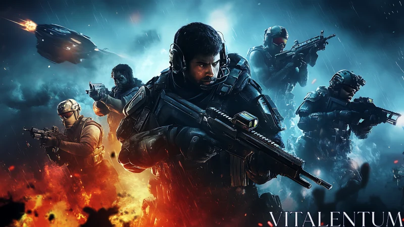 Storm-Forged Tactical Squad Surging Through Neon Battlefield.