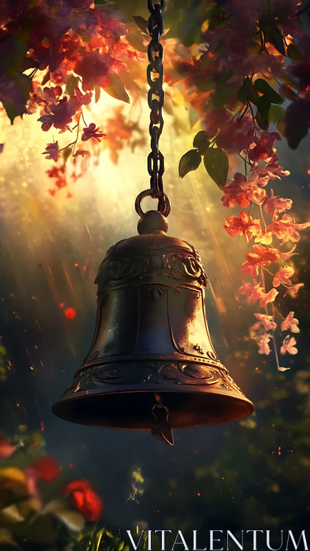 Ornate bronze garden bell under golden floral backlight.