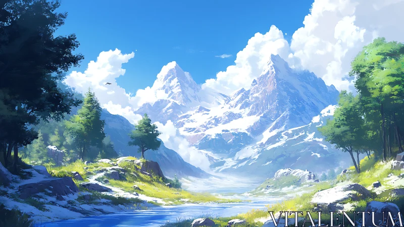 Sunlit alpine valley with snow-capped peaks and river vista.